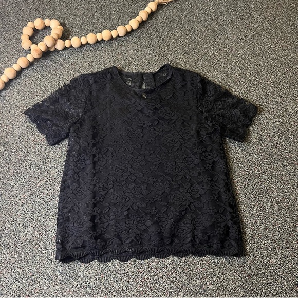 Black Lace Lined Short-Sleeve Blouse Round-Neck Modest Shirt Formal Top Sz S-M - Picture 10 of 16